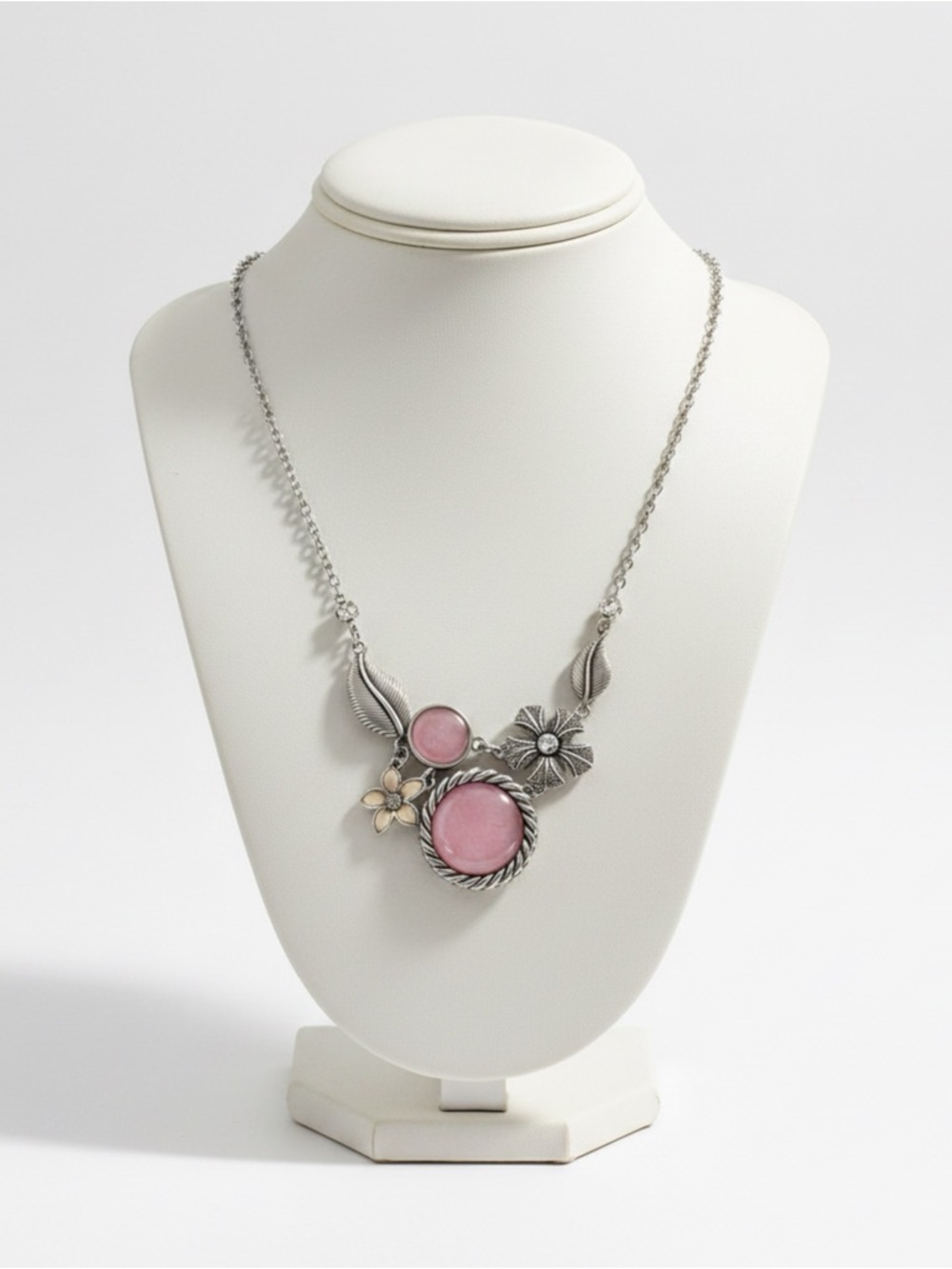 Pink Stone Floral Pendant Necklace and Earrings - Women Jewelry